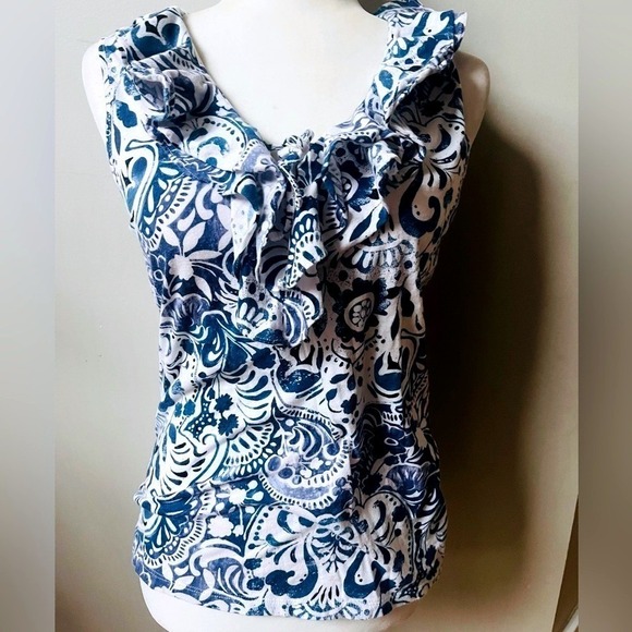 Lauren Ralph Lauren Blue Floral Ruffle Neck Cotton Sleeveless Top Womens Medium - Picture 2 of 12